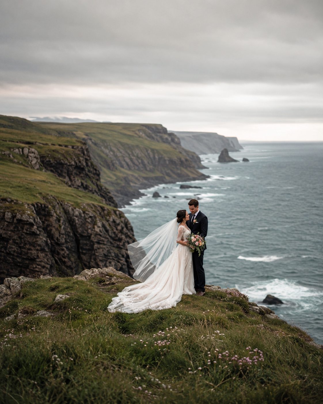 A wedding couple on a coastal cliff