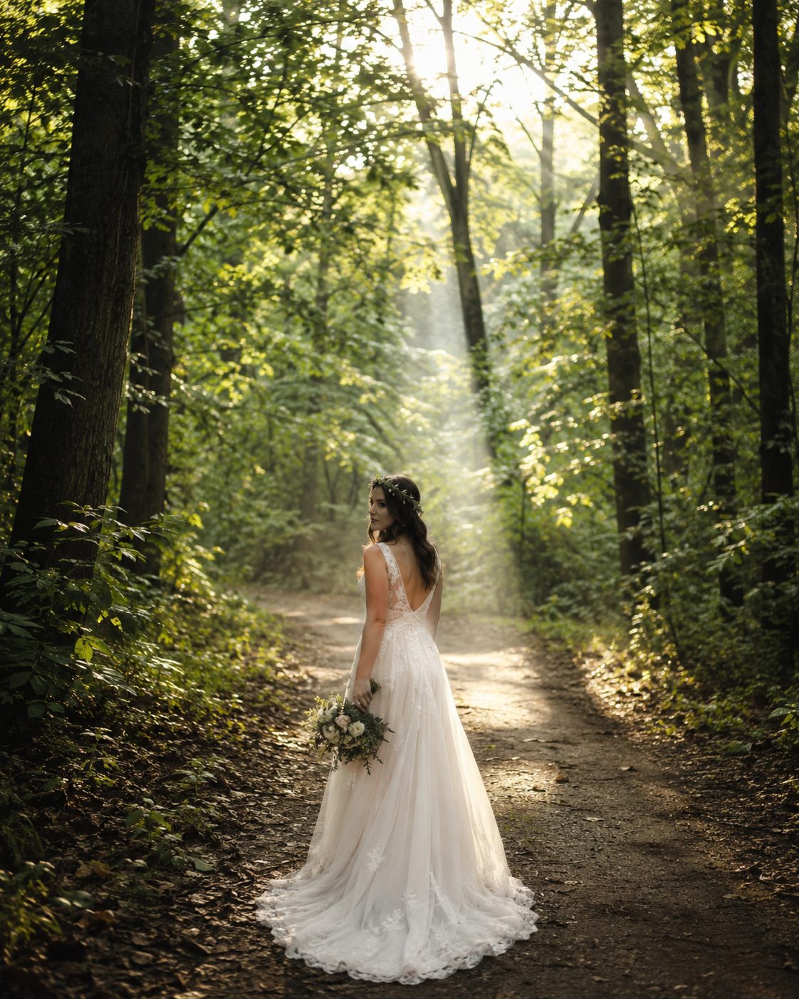 Bride in a forest path