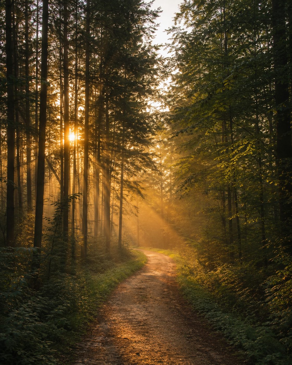 Golden light on a forest path