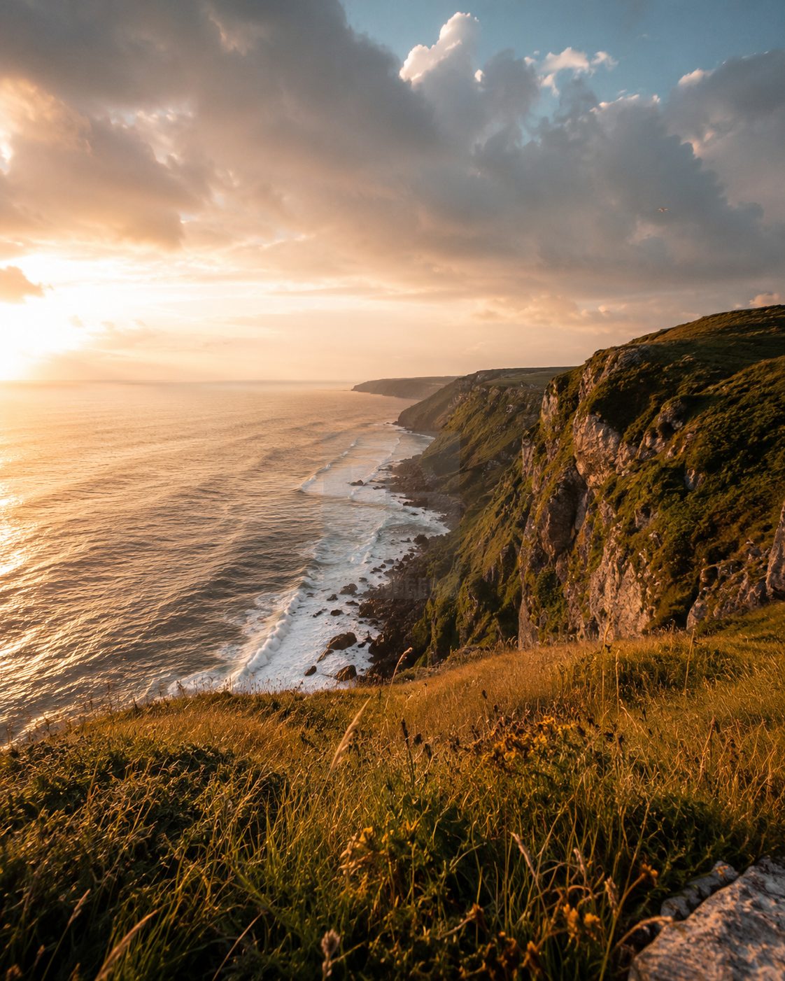 Golden coastal cliffs at sunset