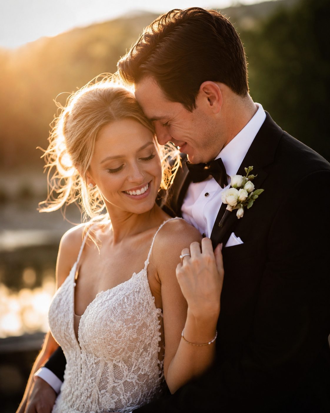Warm golden hour portrait of a bride and groom