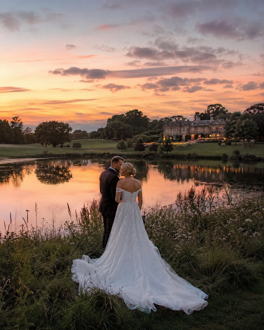 Couple by a lake at sunset