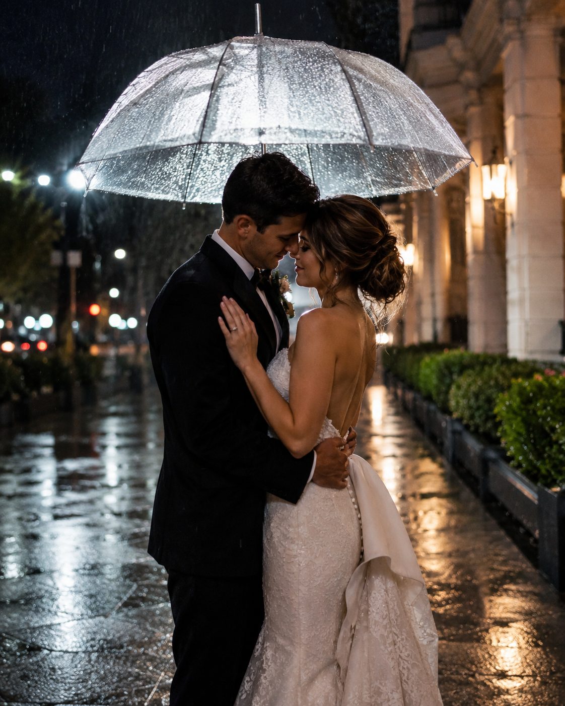 A bride and groom standing under a clear umbrella in the rain