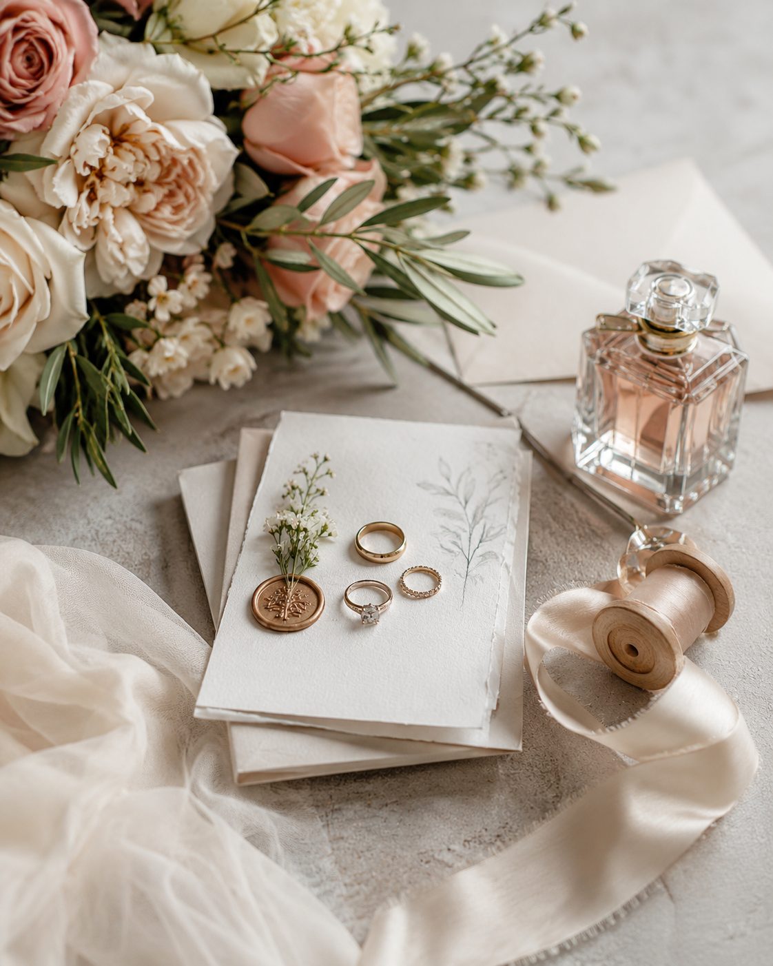 Wedding details with rings, flowers and paper
